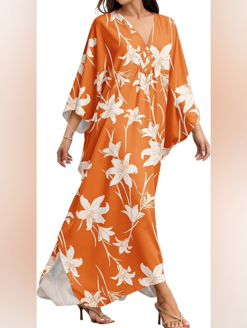 Maxi Kaftan Dress, V Neck Flowy Cover Up for Travel & Casual Loose Fit